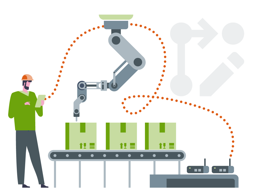 Mensch an Maschine mit Roboterarm