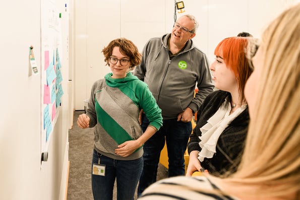 Mitarbeiter stehen am Whiteboard